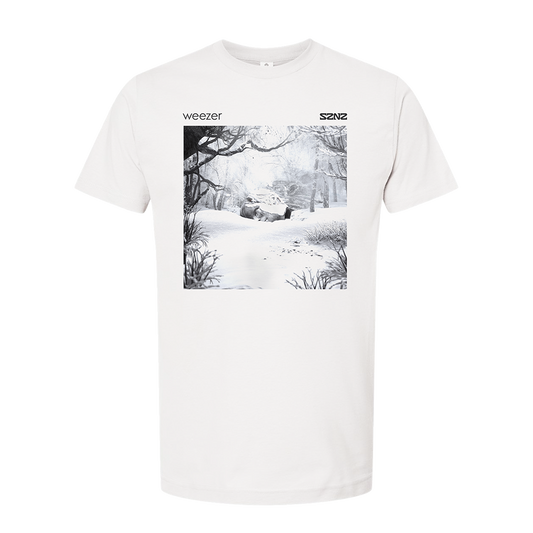 White t-shirt featuring a black and white winter scene graphic and the text ’weezer’ and ’SZNZ’.